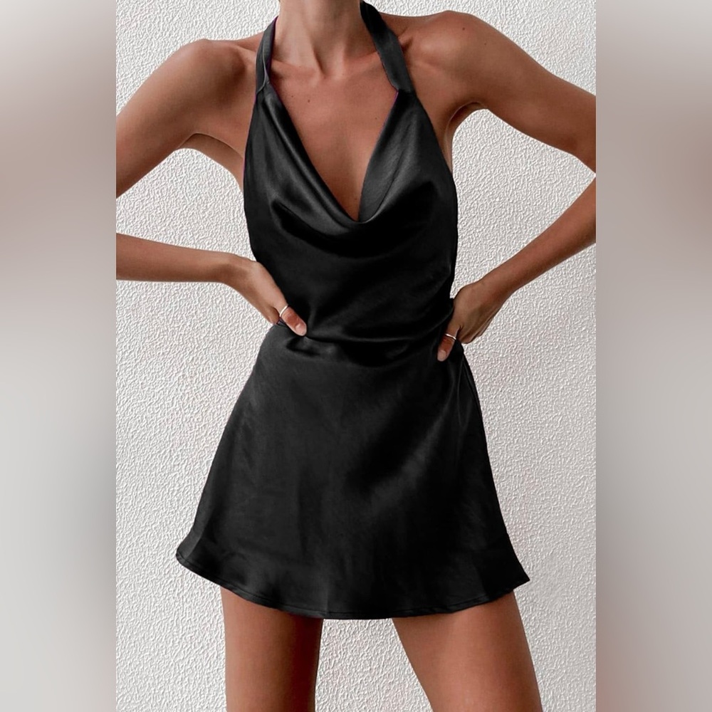 Black Satin Halter Mini Dress